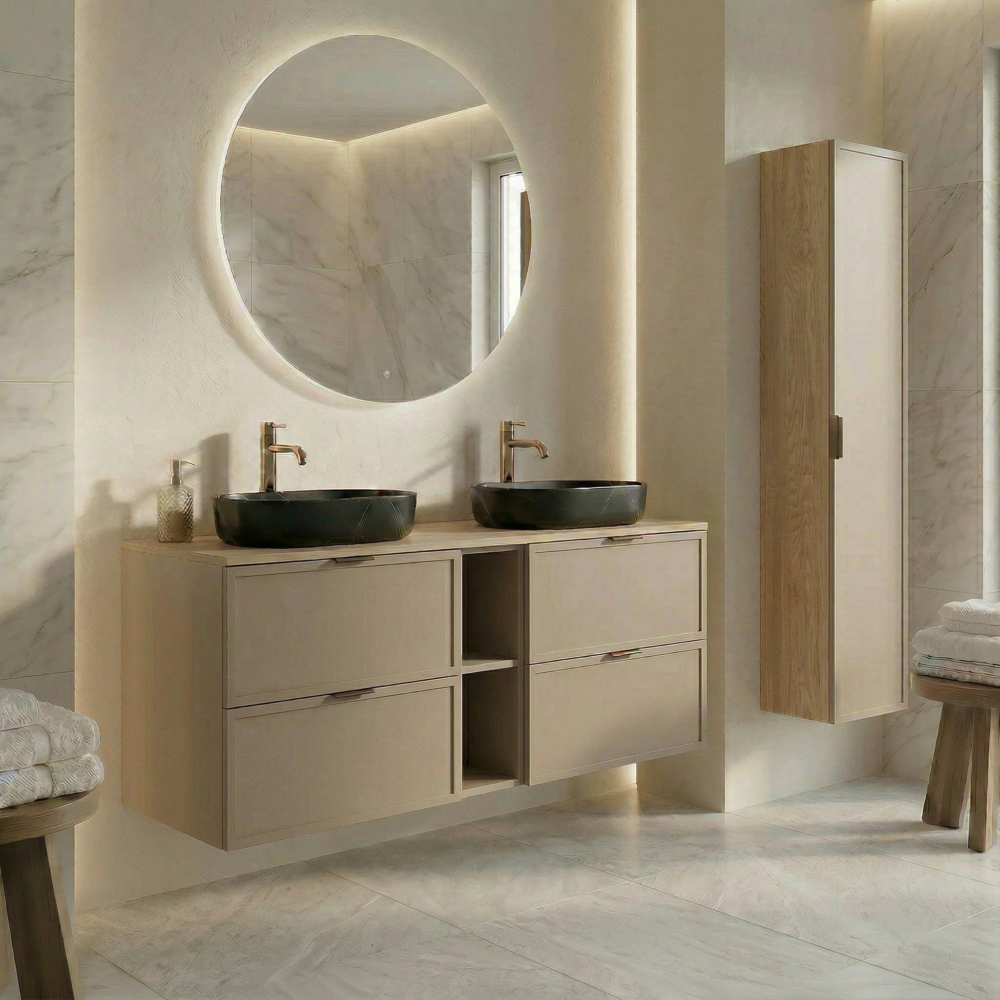 Dulap pentru lavoar 140 cm, cu raft, fronturi cu rama decorativa, 4 sertare Roma - Casmir/Stejar Cremona top