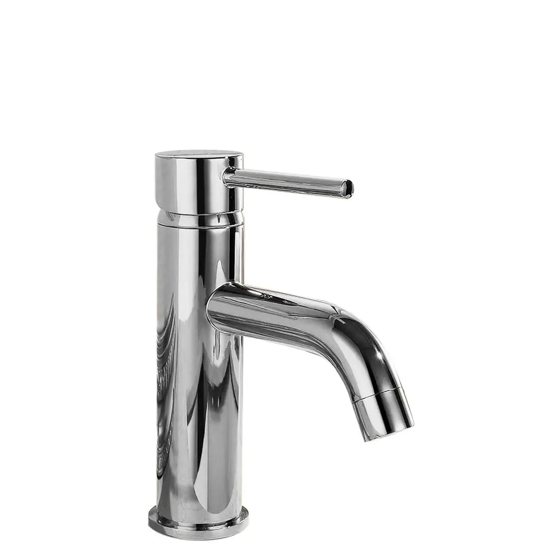 Baterie joasă Lungo crom lucios, corp din alamă cu cartuș ceramic și aerator, perfectă pentru lavoare moderne sau băi clasice.