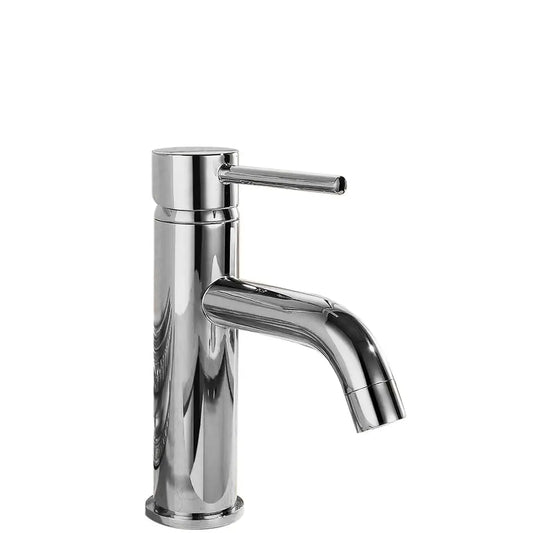 Baterie joasă Lungo crom lucios, corp din alamă cu cartuș ceramic și aerator, perfectă pentru lavoare moderne sau băi clasice.