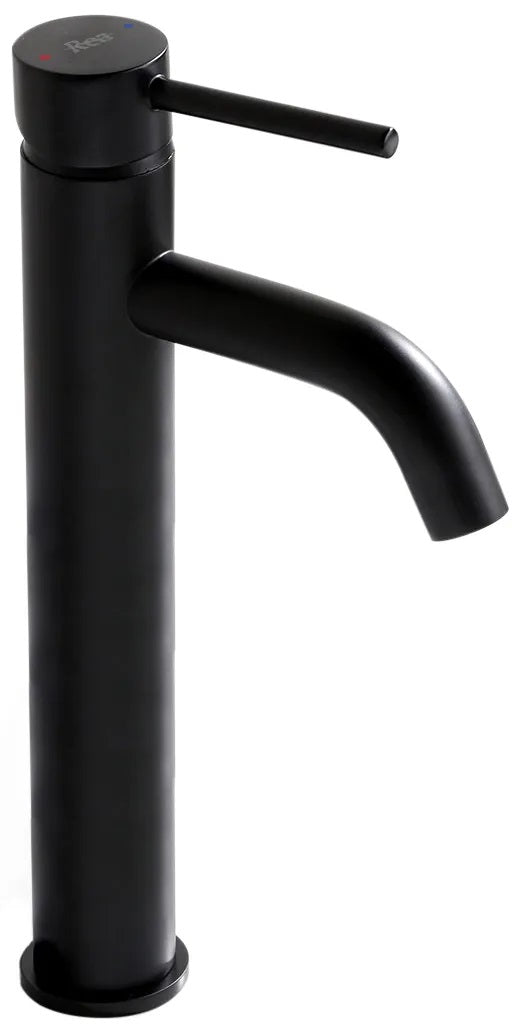 Baterie înaltă Lungo negru mat, corp din alamă cu cartuș ceramic și aerator, perfectă pentru lavoare tip bol și băi cu design contemporan.