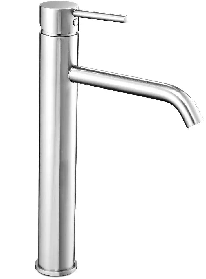 Baterie înaltă Lungo crom lucios, corp din alamă cu cartuș ceramic și aerator, perfectă pentru lavoare tip bol și băi elegante.