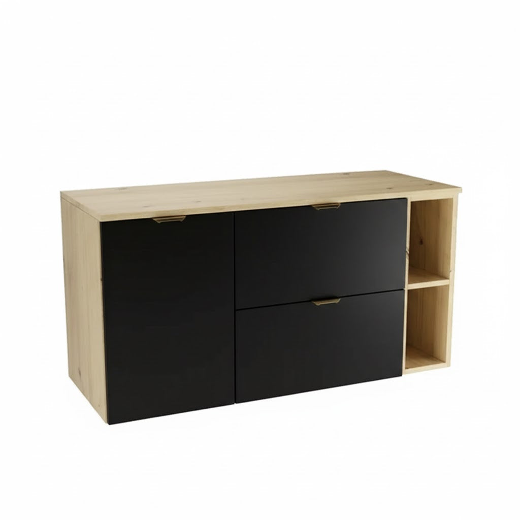 Dulap pentru lavoar 120 cm cu cos de rufe, cu raft, fronturi netede Orio - Negru/Stejar artizanal