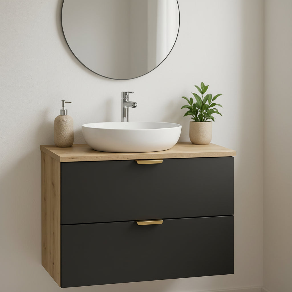 Dulap pentru lavoar 80 cm cu 2 sertare, fronturi netede Orio - Negru/Stejar Artizanal