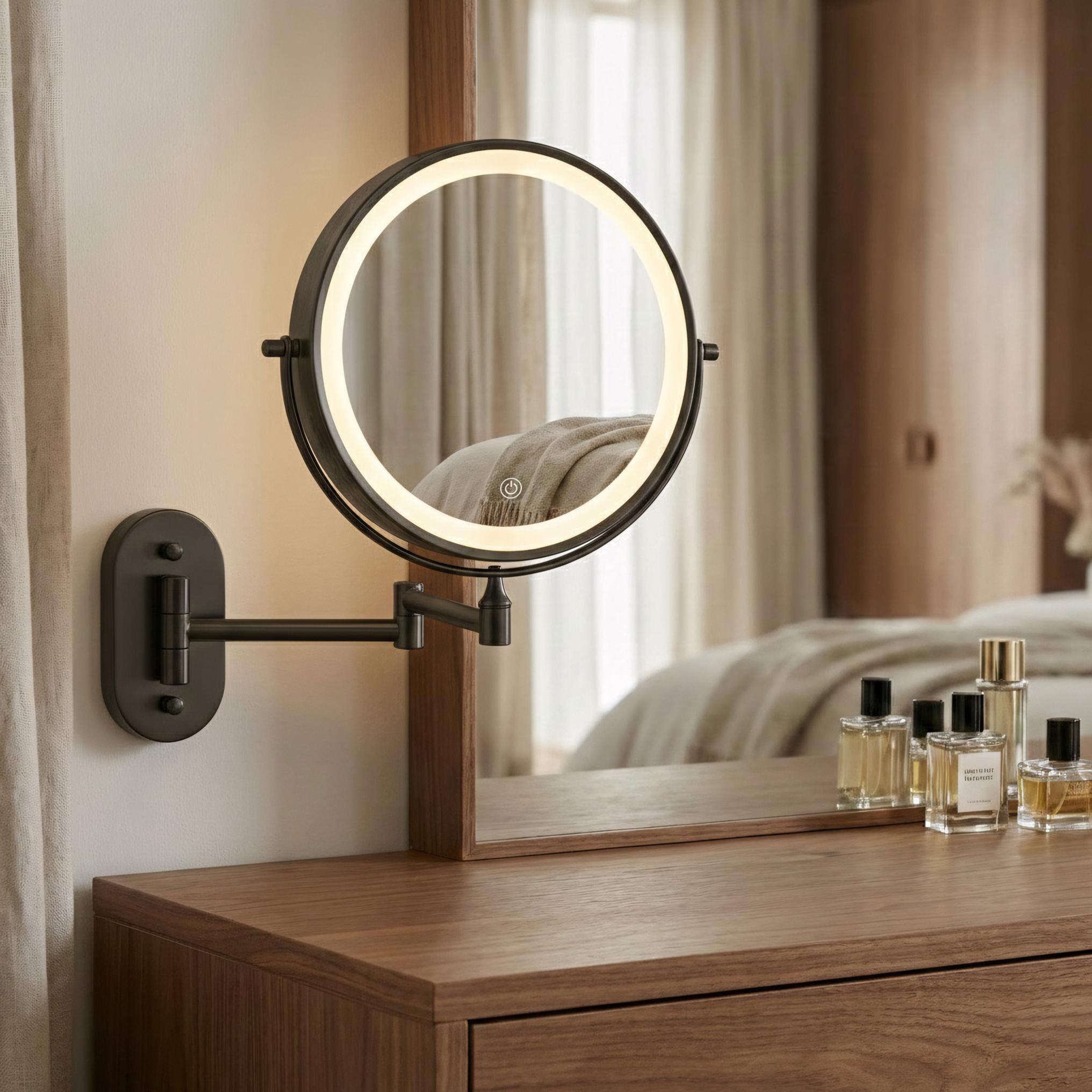 Oglindă cosmetică cu LED-uri pe ambele fețe, pentru montare pe perete - Negru