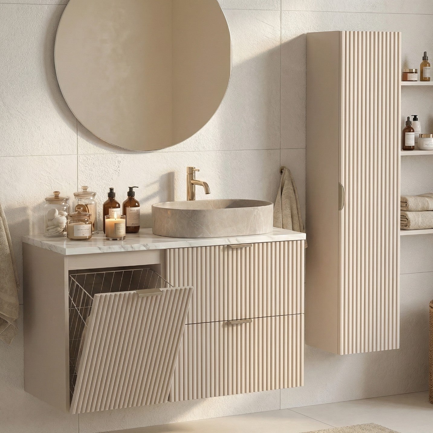 Set de mobilier: Dulap pentru lavoar cu cos de rufe 100 cm și Dulap înalt pentru baie 120 cm Willy - Casmir/Marmura Alba top