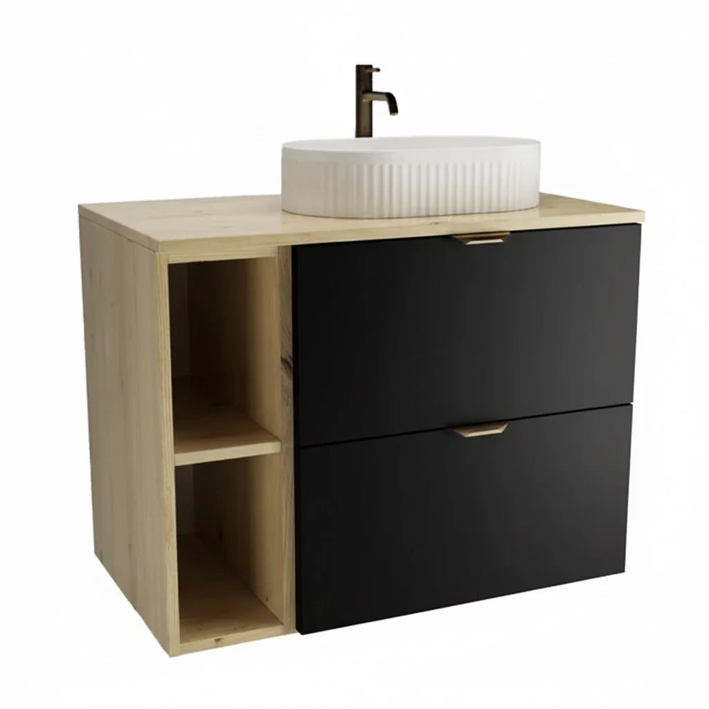 Set de mobilier: Dulap pentru lavoar cu raft 80 cm, 2 sertare Orio - Negru/Stejar Artizanal
