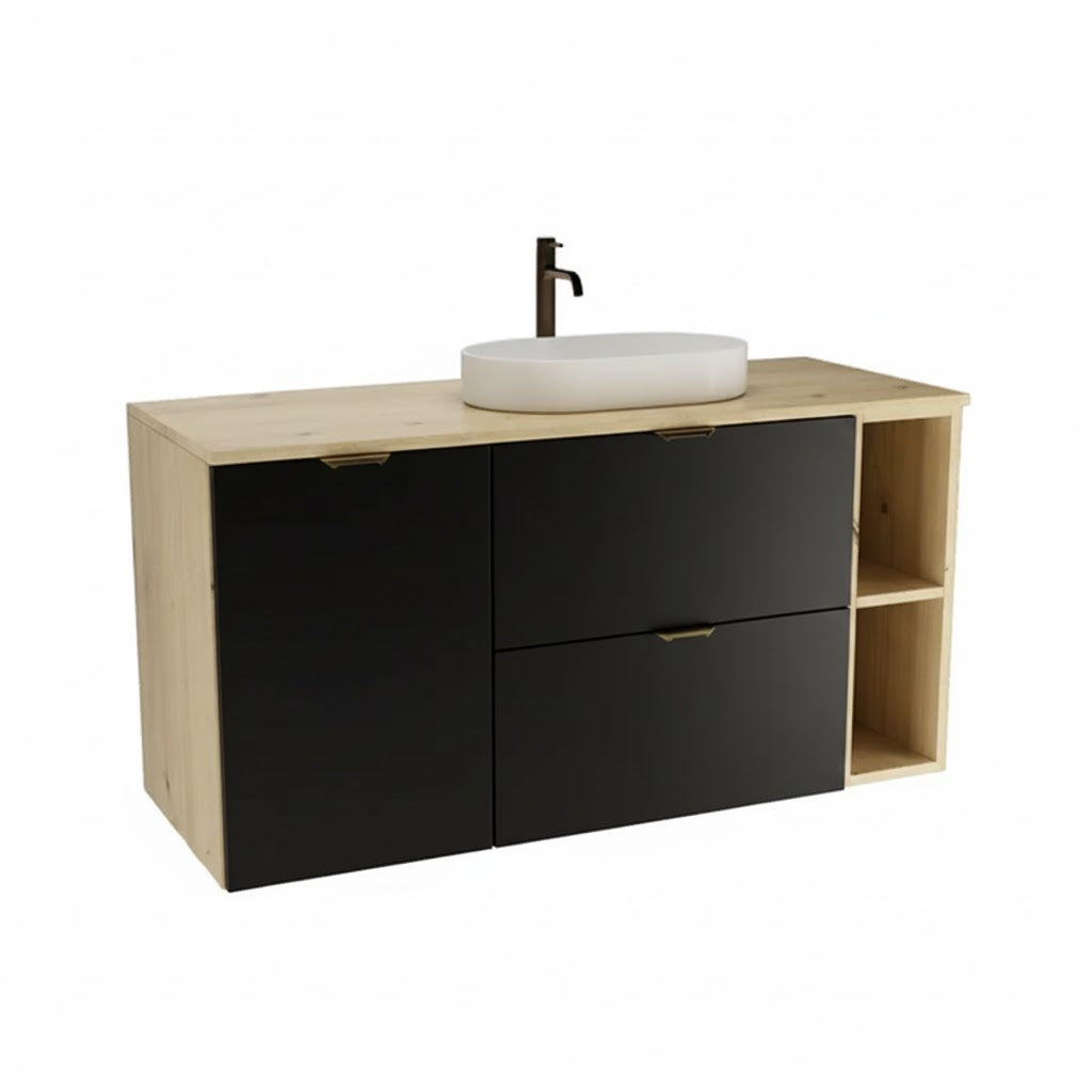 Dulap pentru lavoar 120 cm cu cos de rufe, cu raft, fronturi netede Orio - Negru/Stejar artizanal