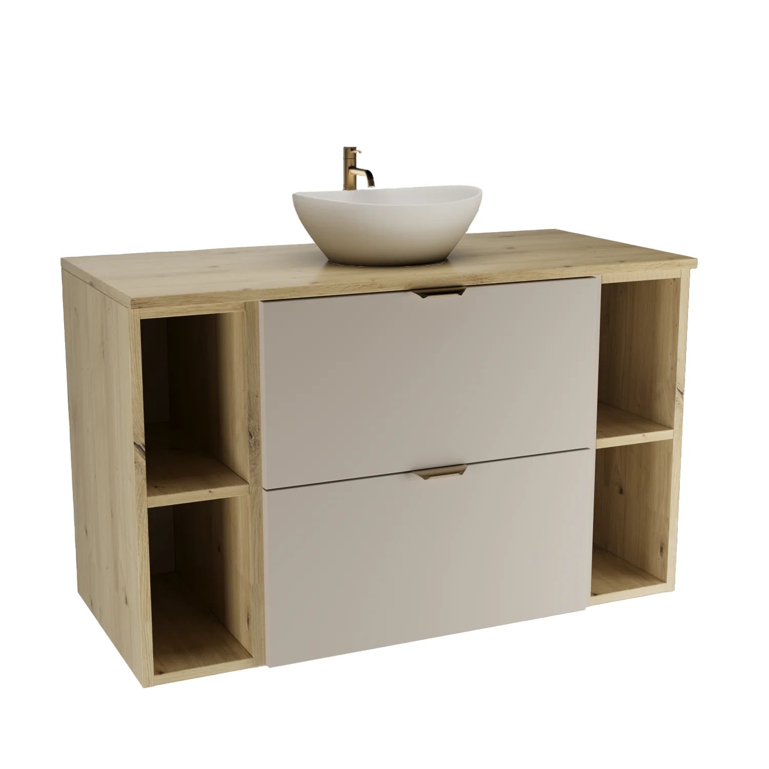 Dulap pentru lavoar 100 cm cu 2 rafturi, fronturi netede Orio - Casmir/Stejar artizanal