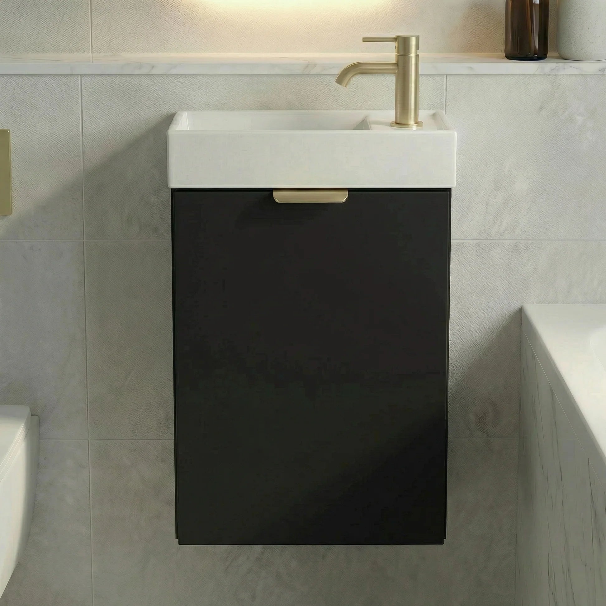 Dulap de baie 40 cm, cu chiuveta, fronturi netede Orio - Negru/Stejar artizanal