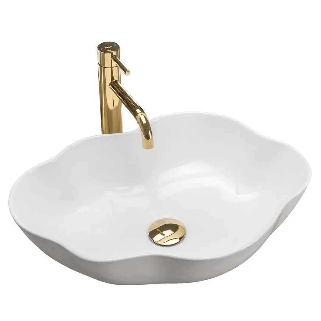 Chiuvetă 50 cm Pearl, ceramică albă cu formă ovală și margini ondulate, fără orificiu pentru baterie și preaplin, ideală pentru băi moderne și clasice.