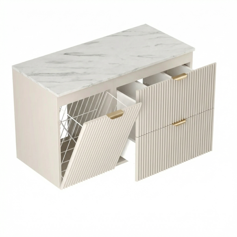 Set de mobilier: Dulap pentru lavoar cu cos de rufe 100 cm și Dulap înalt pentru baie 120 cm Willy - Casmir/Marmura Alba top