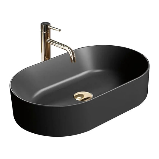 Chiuvetă 60 cm Nadia negru mat, ceramică sanitară premium, fără orificiu pentru baterie și fără preaplin, perfectă pentru băi moderne și minimaliste.