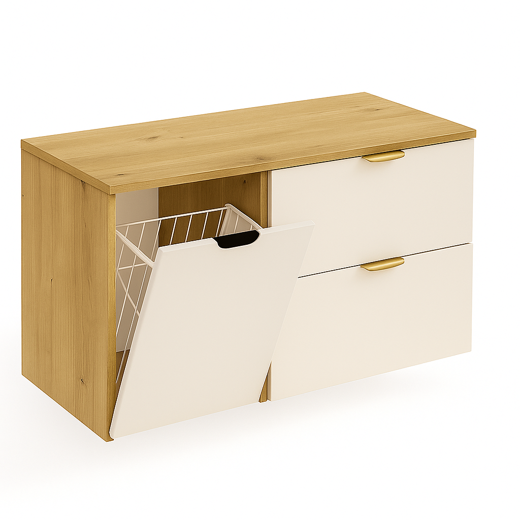 Dulap pentru lavoar 100 cm, cu cos de rufe, fronturi netede Orio - Casmir/Nuc