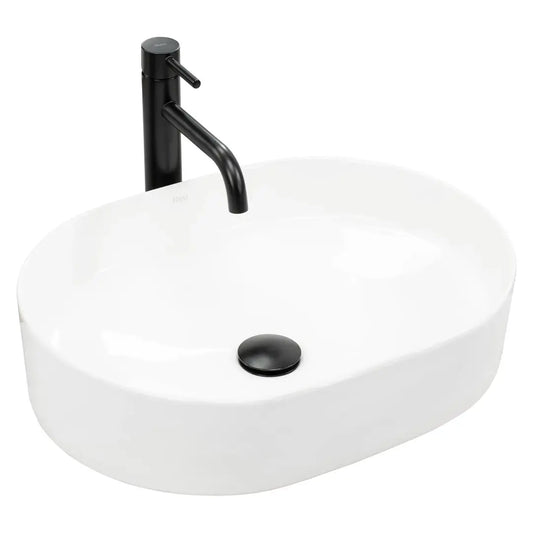 Chiuvetă Nadia 60 cm din ceramică albă, fără orificiu pentru baterie și preaplin, perfectă pentru băi moderne cu design minimalist și elegant.