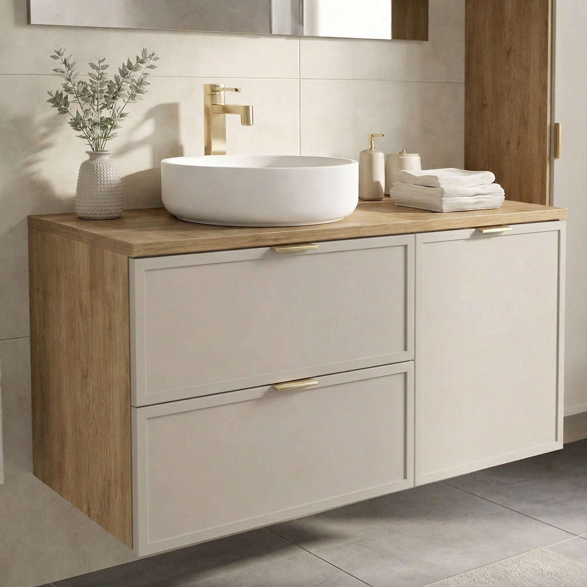 Dulap pentru lavoar 100 cm, cu cos de rufe, fronturi cu rama decorativa Roma - Casmir/Stejar Cremona