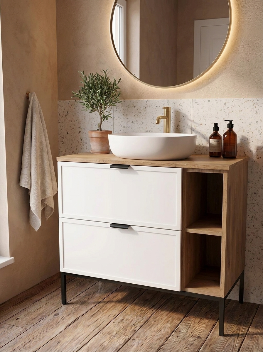 Dulap pentru lavoar cu raft 80 cm pe un cadru metalic Roma - Alb/Stejar Cremona