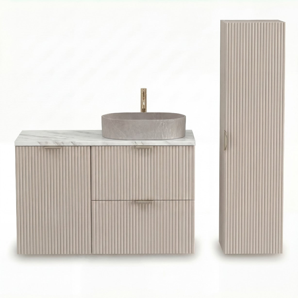 Set de mobilier: Dulap pentru lavoar cu cos de rufe 100 cm și Dulap înalt pentru baie 120 cm Willy - Casmir/Marmura Alba top