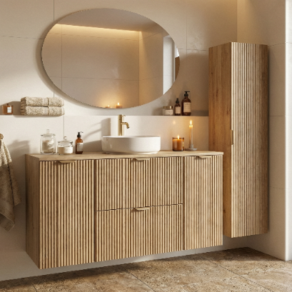 Set de mobilier: Dulap pentru lavoar 120 cm, 2 uși 2 sertare și Dulap înalt pentru baie 120 cm Willy - Stejar Cremona