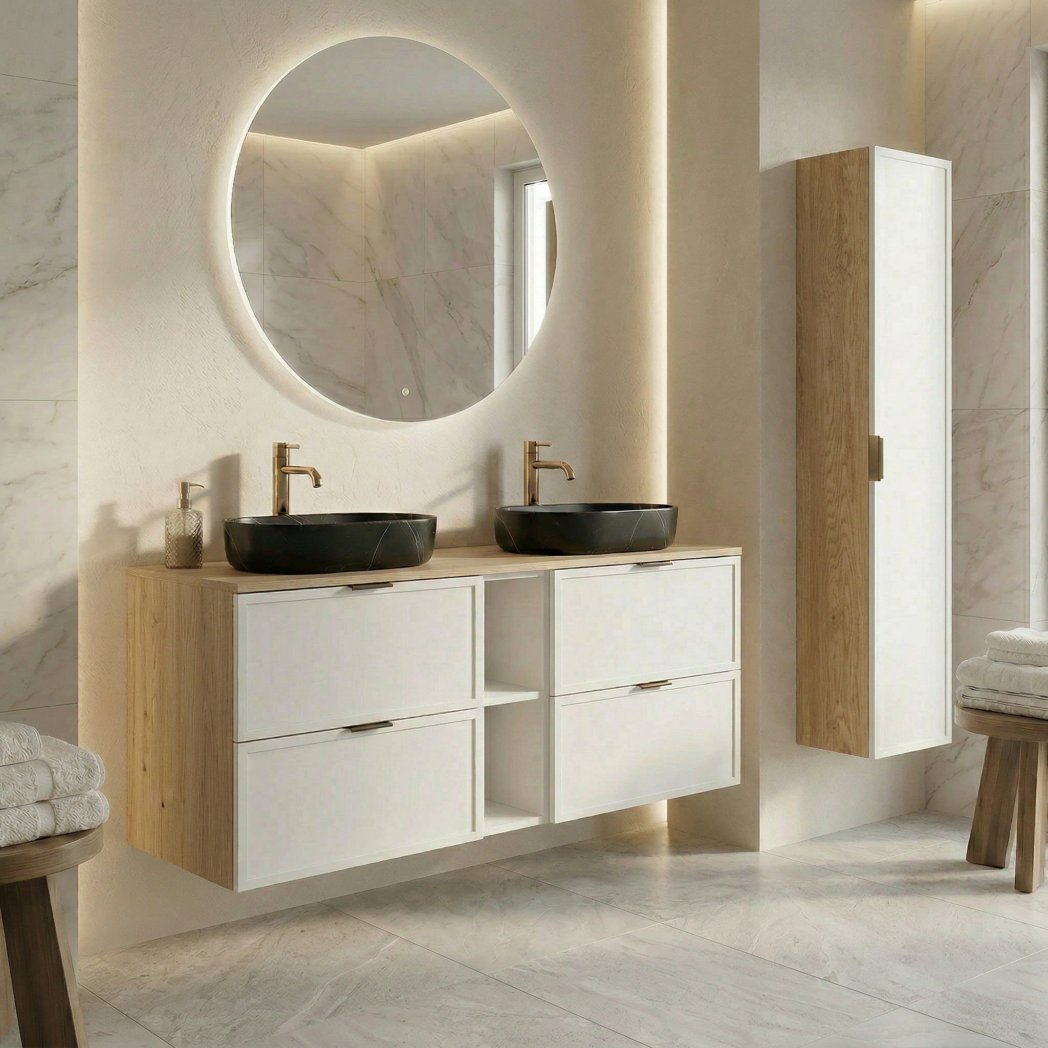 Dulap pentru lavoar 140 cm, cu raft, fronturi cu rama decorativa, 4 sertare Roma - Alb/Stejar Cremona