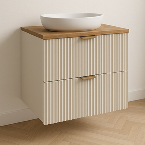 Dulap pentru lavoar Willy 60 cm Cașmir cu blat din Nuc – mobilier de baie compact, elegant și funcțional.