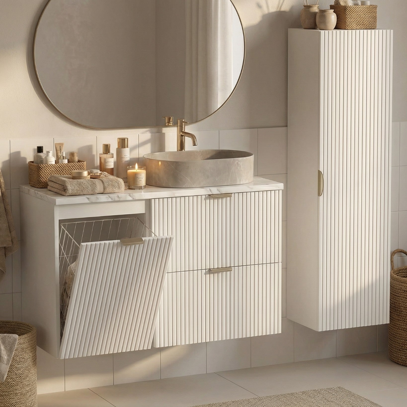 Set de mobilier: Dulap pentru lavoar cu cos de rufe 100 cm și Dulap înalt pentru baie 120 cm Willy - Alb/Marmura Alba top