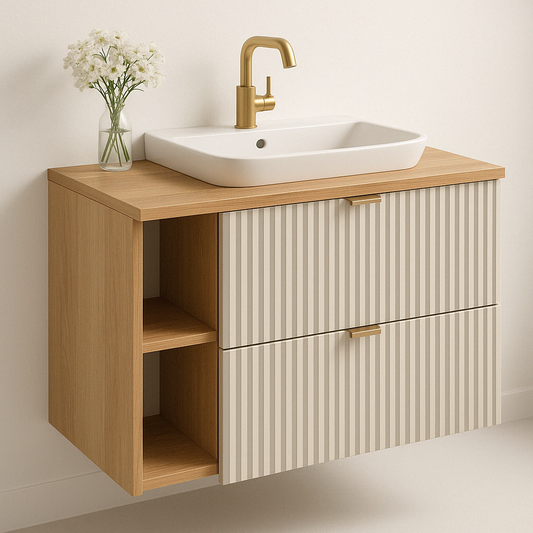 Dulap pentru lavoar Willy 80 cm cu raft Cașmir/Nuc – mobilier modern cu fronturi striate și combinație elegantă de culori.