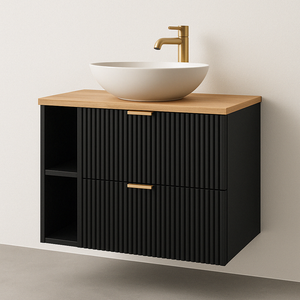 Dulap pentru lavoar Willy 80 cm Negru, Nuc top – mobilier modern cu fronturi striate, două sertare și blat elegant din nuc natural.
