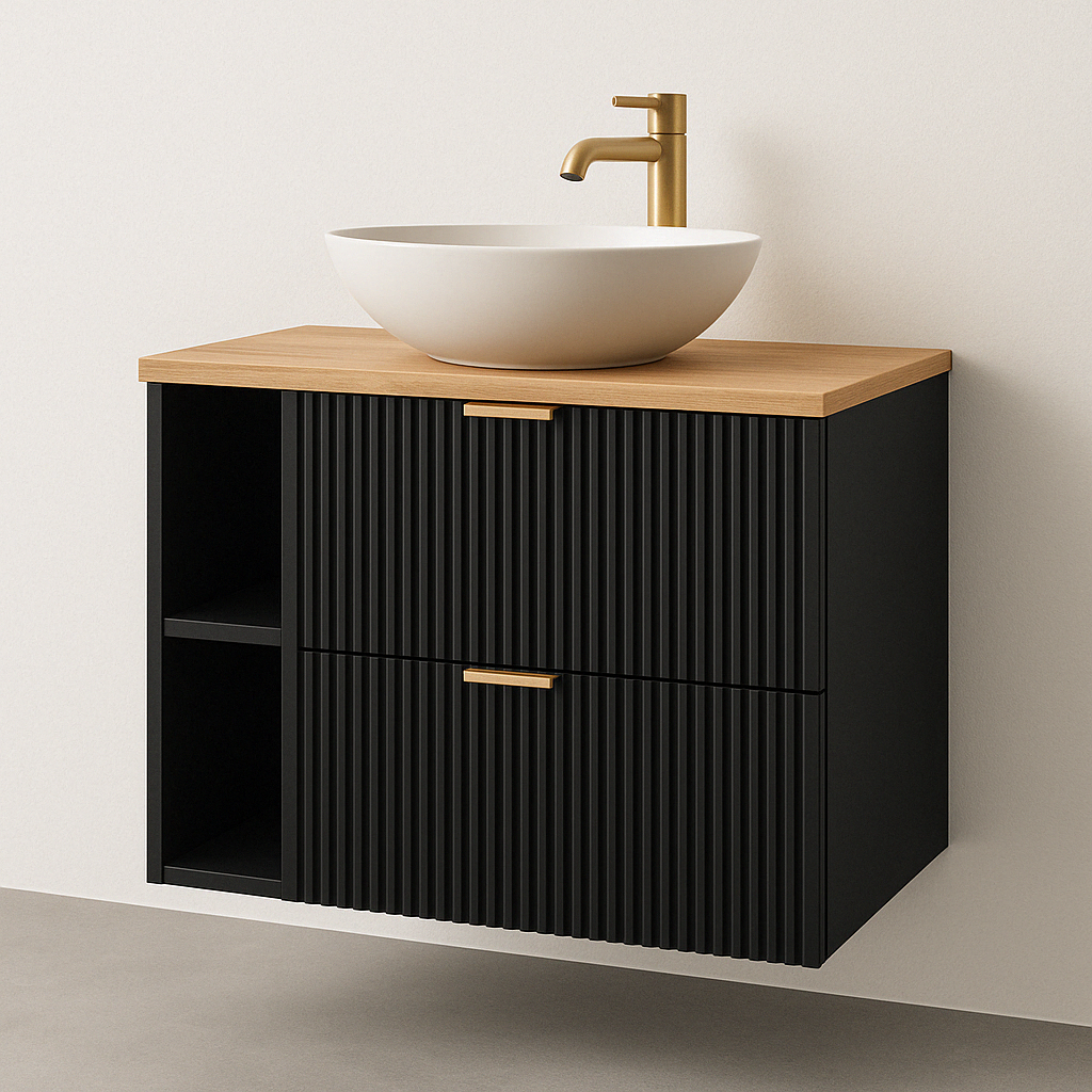 Dulap pentru lavoar Willy 80 cm Negru, Nuc top – mobilier modern cu fronturi striate, două sertare și blat elegant din nuc natural.