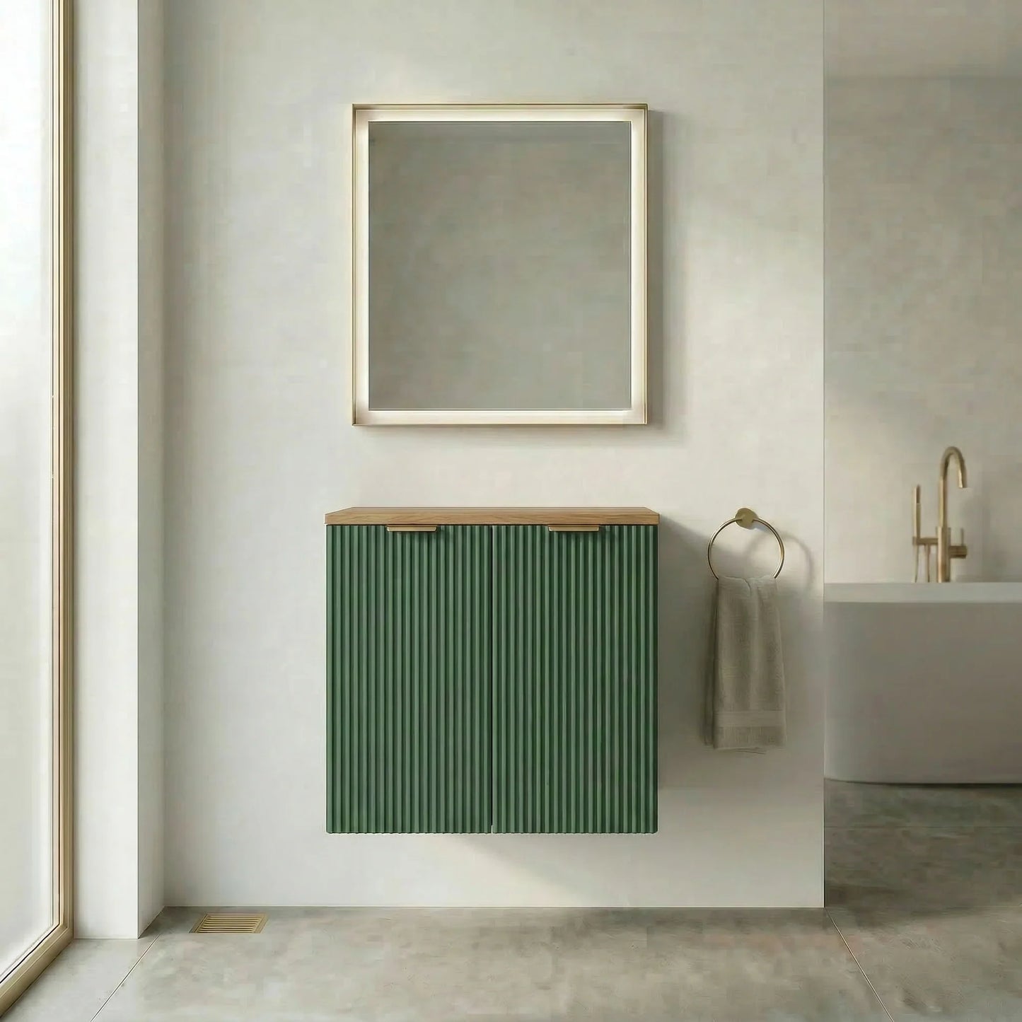 Dulap pentru lavoar 60 cm, cu 2 usi, fronturi canelate Willy - Verde/Nuc