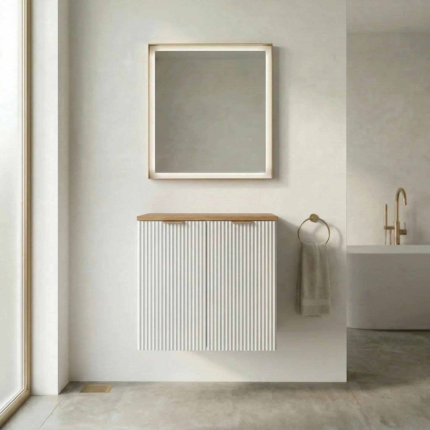 Dulap pentru lavoar 60 cm cu 2 usi, fronturi canelate Willy - Alb, Nuc top