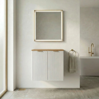 Dulap pentru lavoar 60 cm cu 2 usi, fronturi canelate Willy - Alb, Nuc top