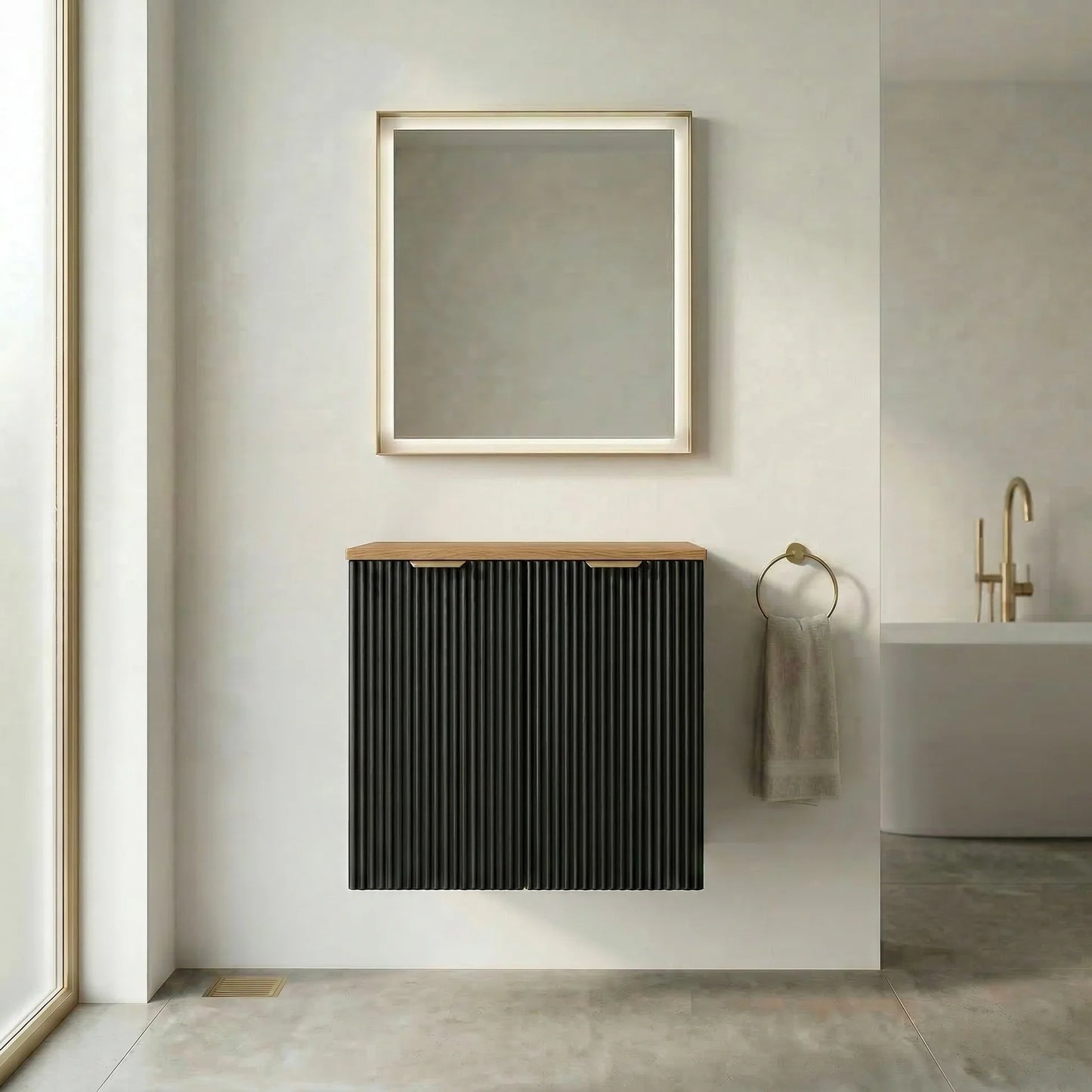 Dulap pentru lavoar 60 cm cu 2 usi, fronturi canelate Willy - Negru/Nuc