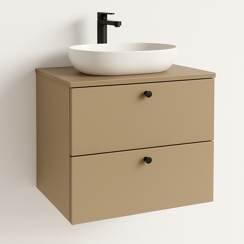 Dulap lavoar 60 cm Cappuccino cu 2 sertare SOFT-CLOSE, fronturi netede și placă pentru lavoar inclusă.