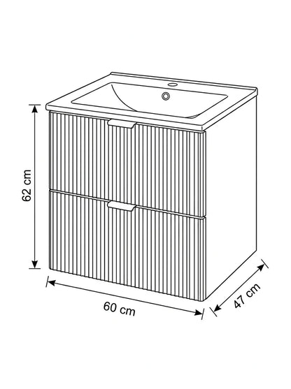 Dulap pentru lavoar 60 cm cu chiuveta, 2 sertare, fronturi canelate Willy - Alb