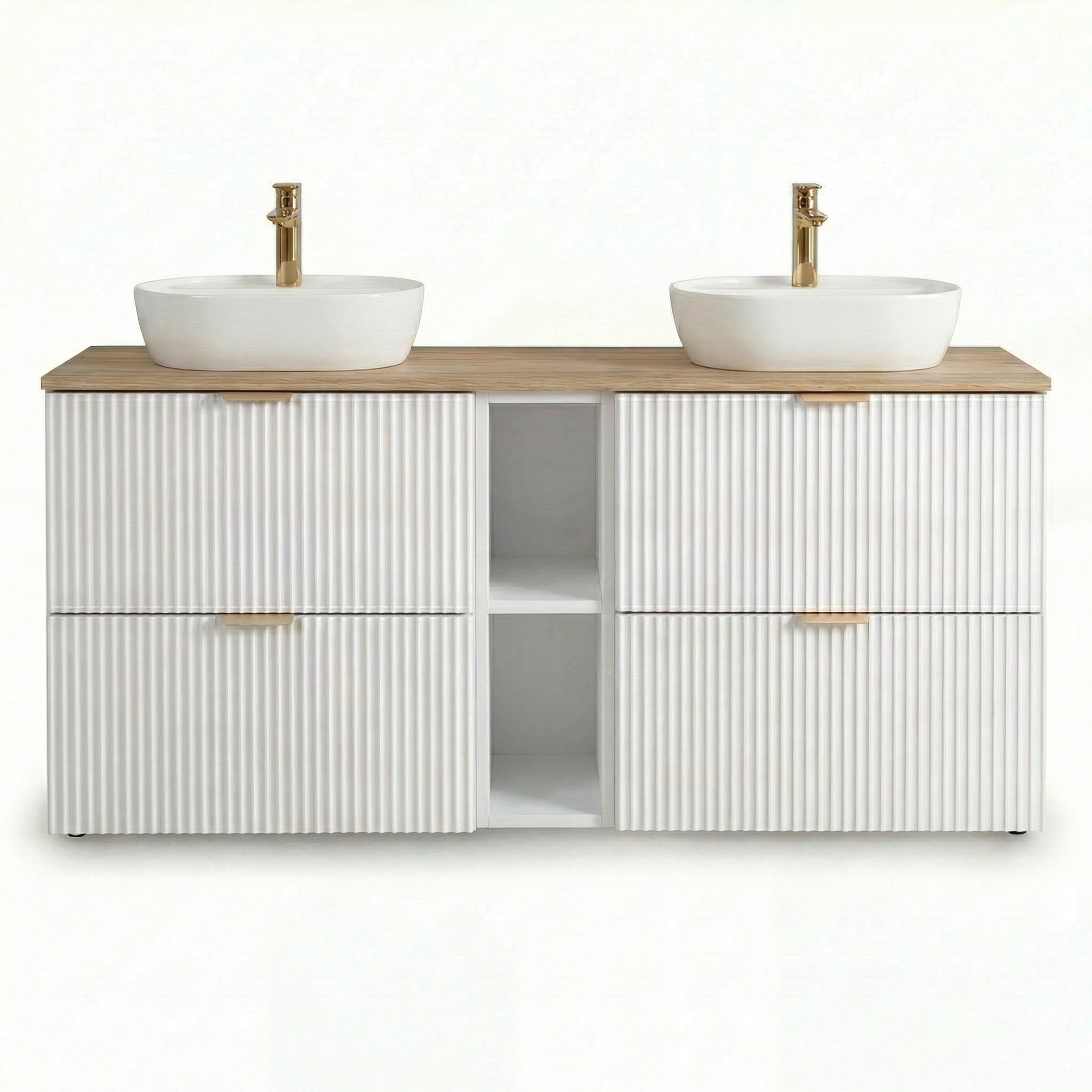 Set de mobilier: Dulap pentru lavoar cu raft 140 cm, 4 sertare Willy - Alb/Nuc top