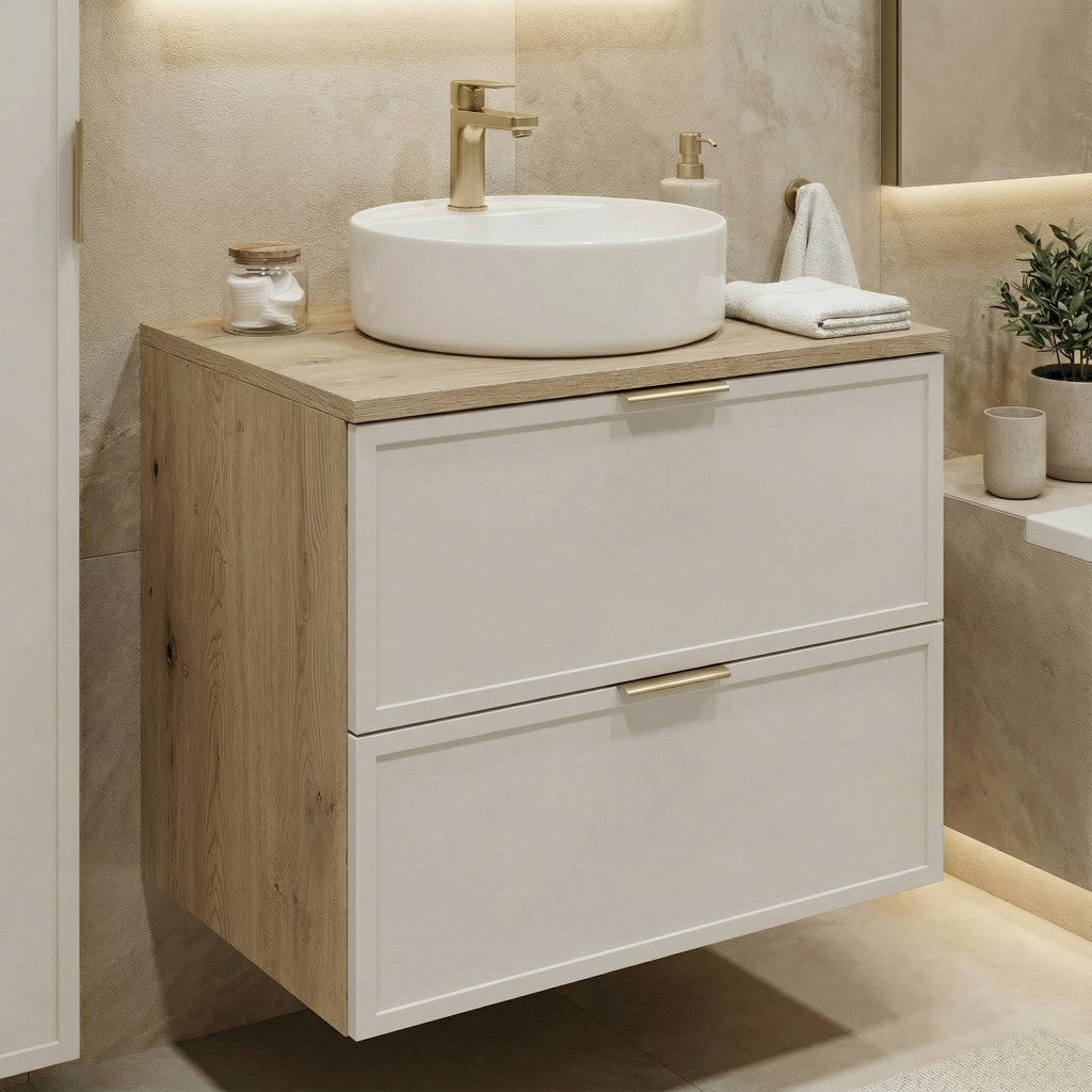 Dulap pentru lavoar 60 cm, 2 sertare, fronturi cu rama decorativa Roma - Casmir/Stejar Cremona