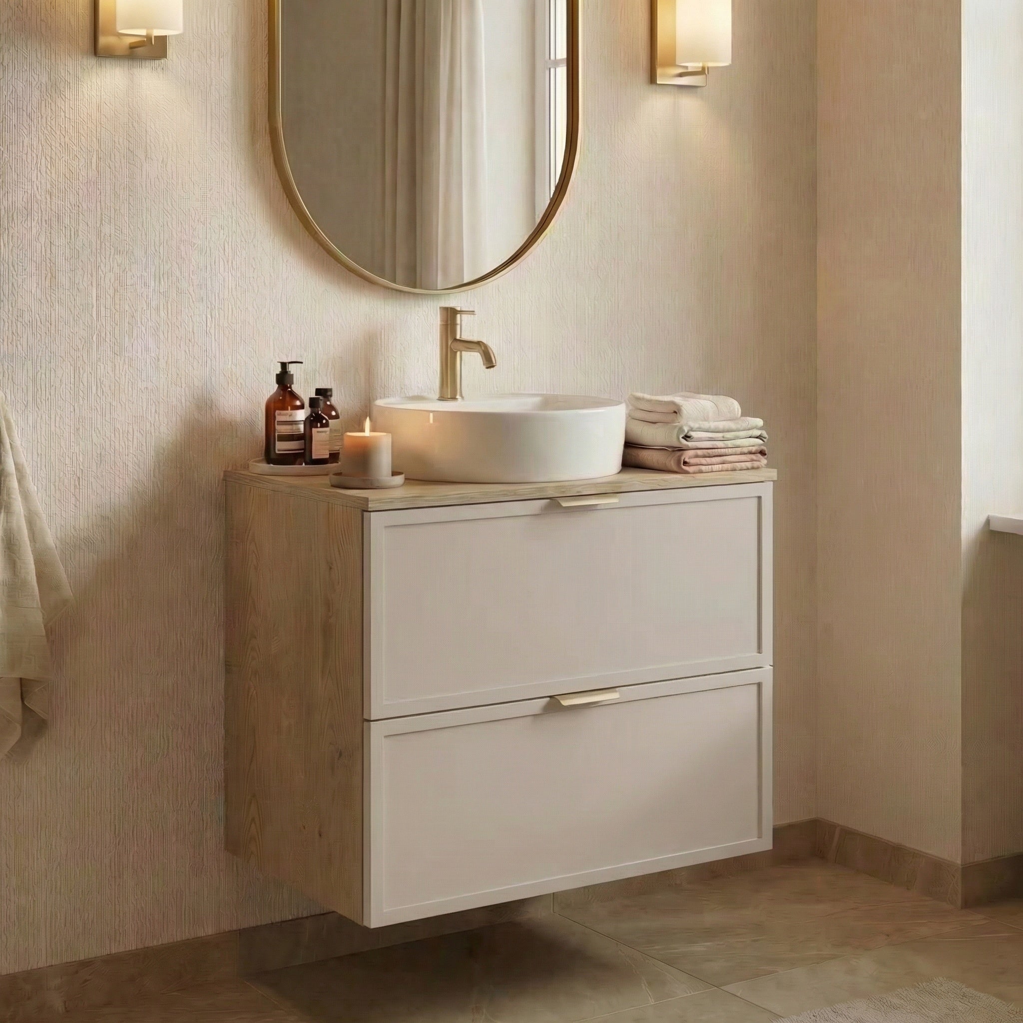 Dulap pentru lavoar 60 cm, 2 sertare, fronturi cu rama decorativa Roma - Casmir/Stejar Cremona