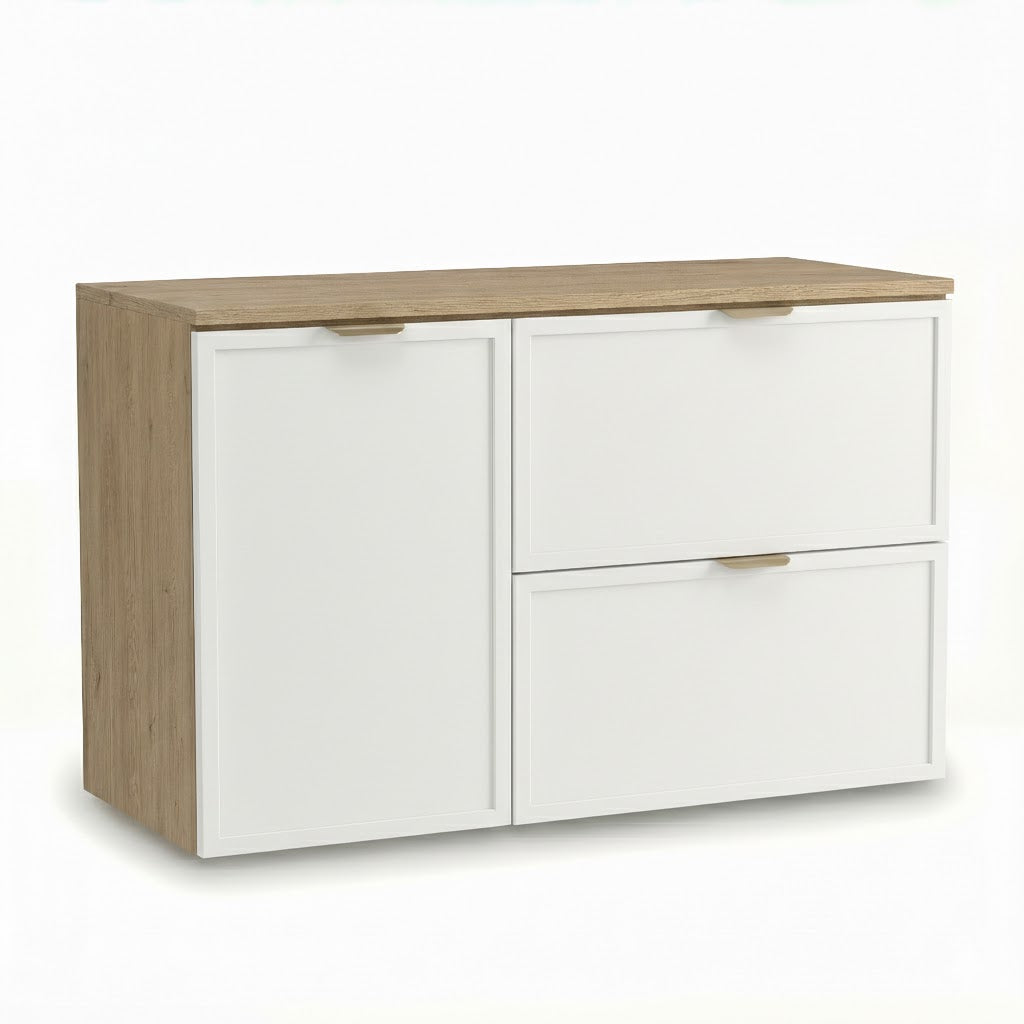 Dulap pentru lavoar 100 cm, cu cos de rufe, fronturi cu rama decorativa Roma - Alb/Stejar Cremona