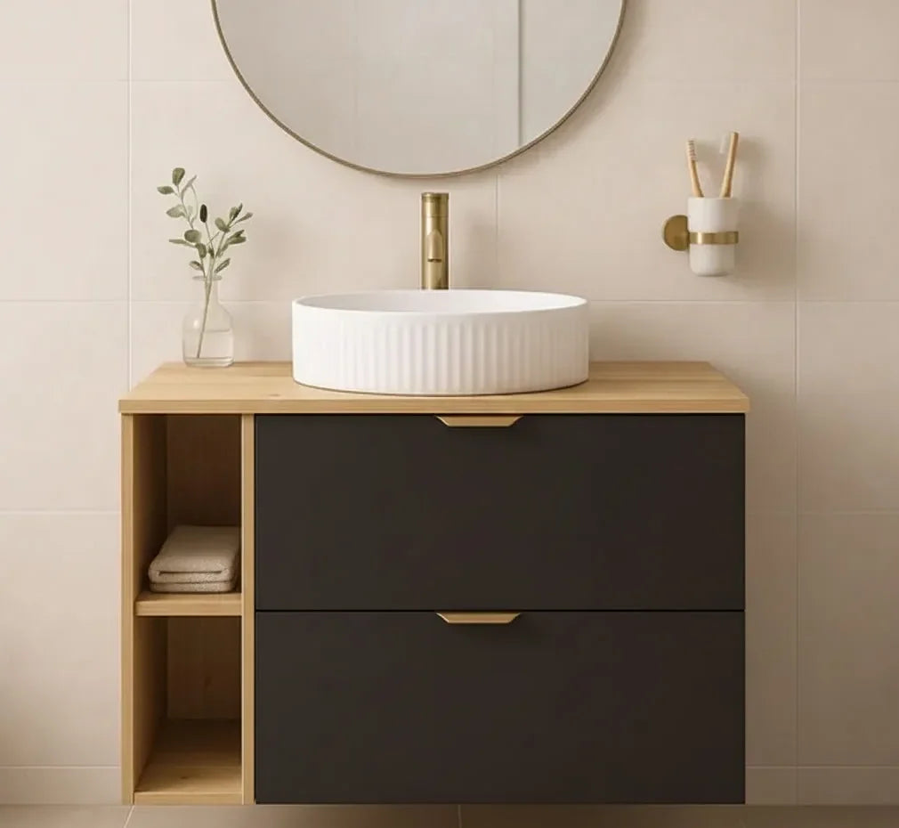 Set de mobilier: Dulap pentru lavoar cu raft 80 cm, 2 sertare Orio - Negru/Stejar Artizanal