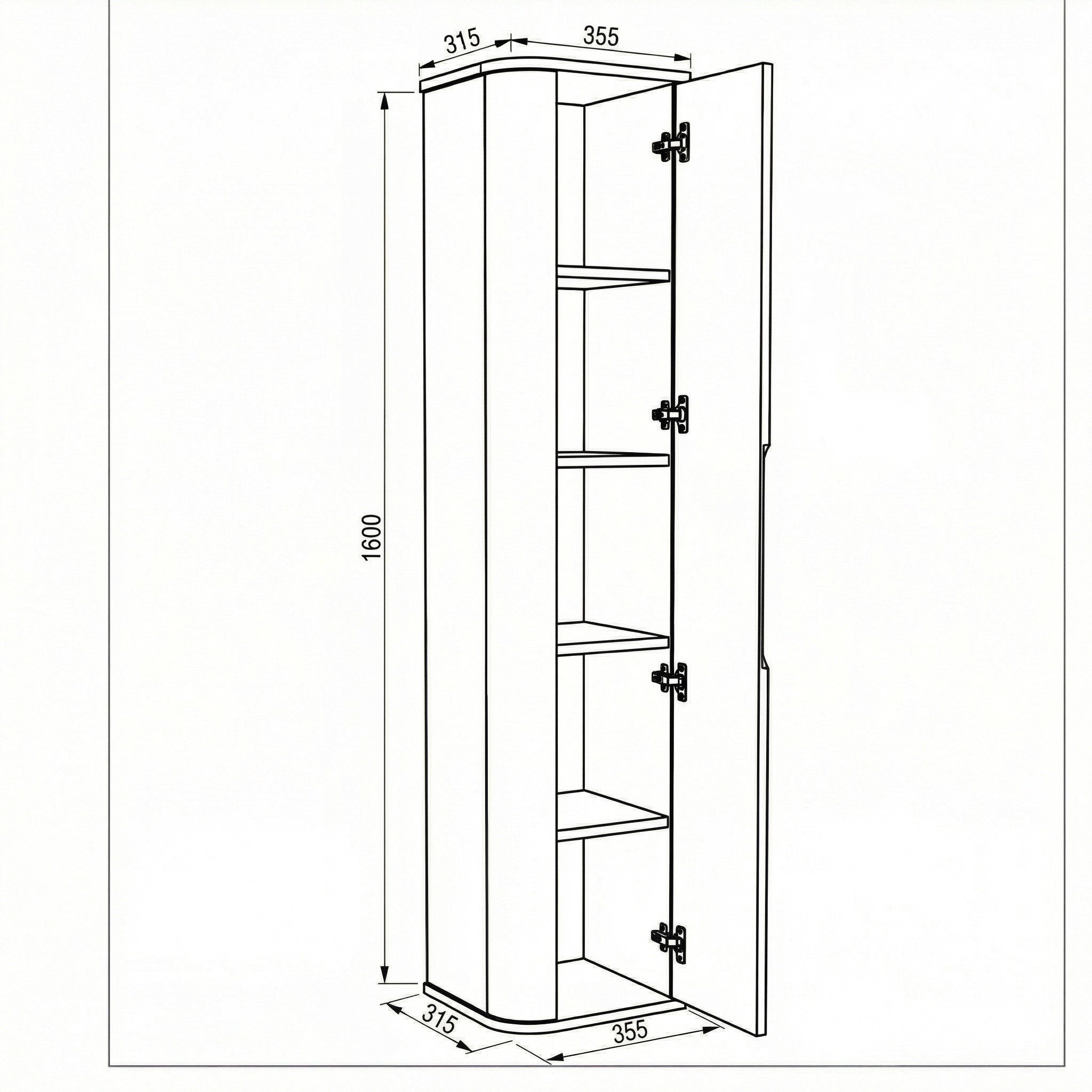 Dulap inalt pentru baie 160 cm, margini rotunjite, cu rafturi Luma - Casmir