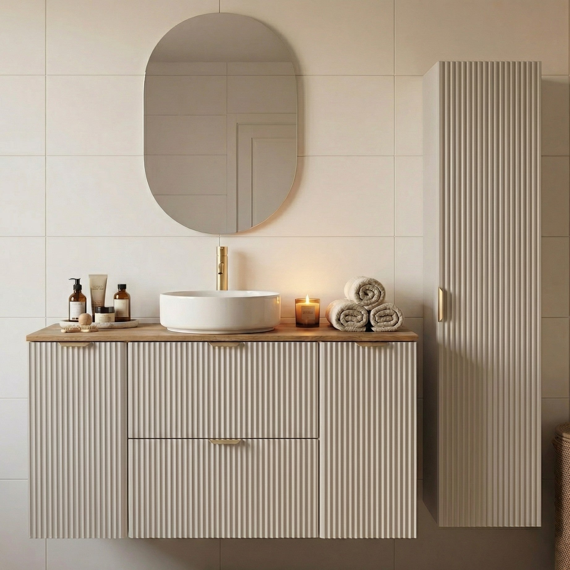 Set de mobilier: Dulap pentru lavoar 120 cm, 2 uși 2 sertare și Dulap înalt pentru baie 120 cm Willy - Casmir/Nuc top