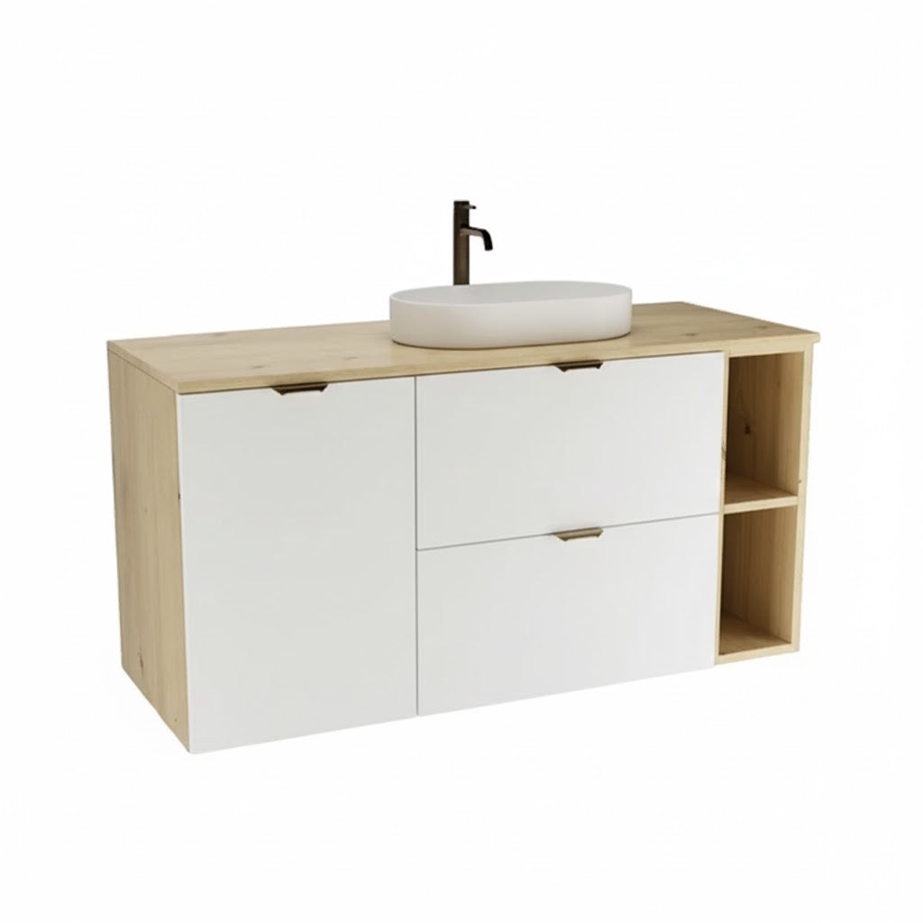 Dulap pentru lavoar 120 cm cu cos de rufe, cu raft, fronturi netede Orio - Alb/Stejar artizanal