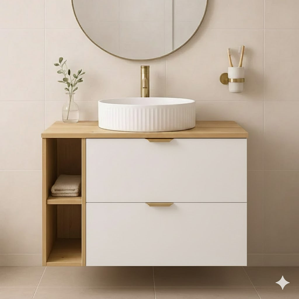 Dulap pentru lavoar 80 cm cu raft, fronturi netede Orio - Alb/Stejar artizanal