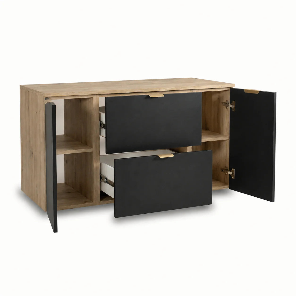 Dulap pentru lavoar 120 cm cu 2 sertare, 2 usi, fronturi netede Orio - Negru/Stejar artizanal