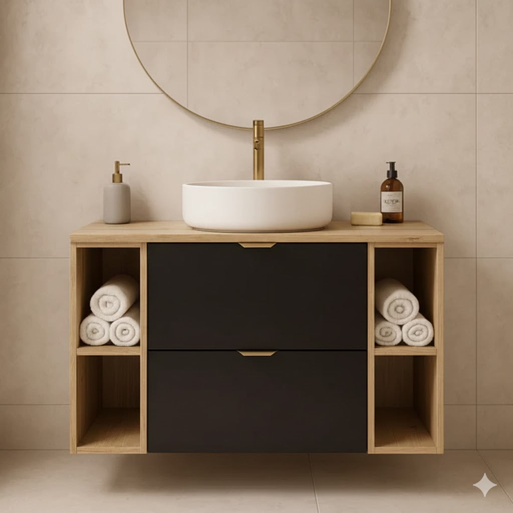 Dulap pentru lavoar 100 cm cu 2 rafturi, fronturi netede Orio - Negru/Stejar artizanal