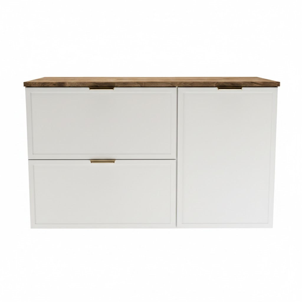 Dulap pentru lavoar 100 cm, cu cos de rufe, fronturi cu rama decorativa Roma - Alb/Nuc inchis