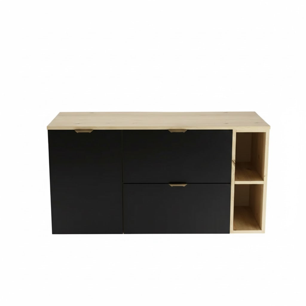 Dulap pentru lavoar 120 cm cu cos de rufe, cu raft, fronturi netede Orio - Negru/Stejar artizanal