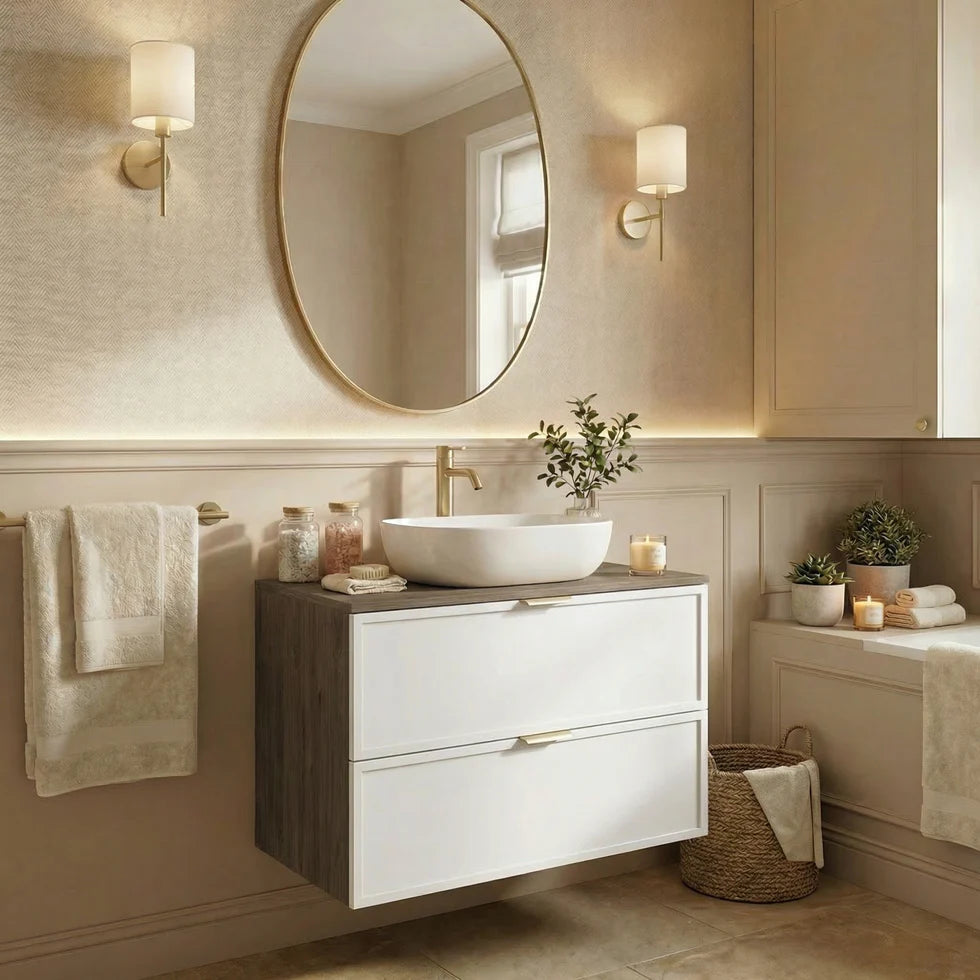 Dulap pentru lavoar 80 cm, 2 sertare, fronturi cu rama decorativa Roma - Alb/Nuc inchis