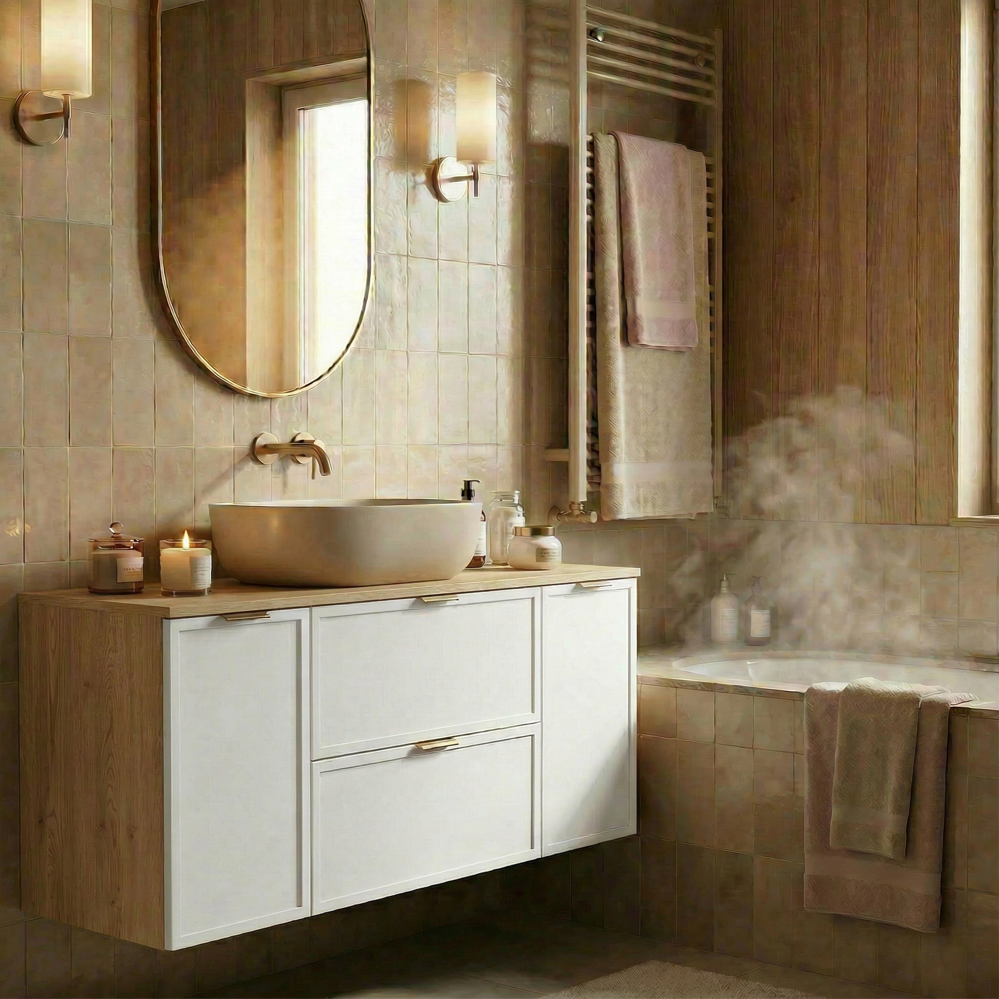 Dulap pentru lavoar 120 cm fronturi cu rama decorativa, 2 usi si 2 sertare Roma - Alb/Stejar Cremona