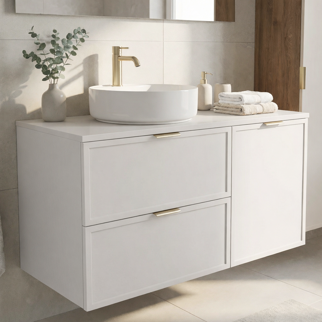 Dulap pentru lavoar 100 cm, cu cos de rufe, fronturi cu rama decorativa Roma - Alb